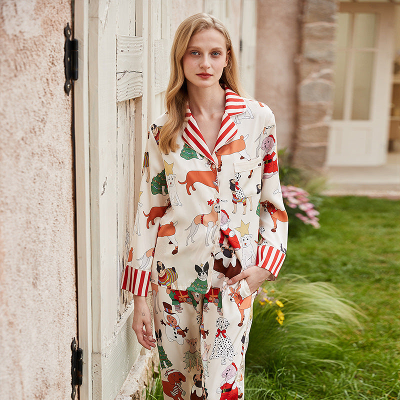 Pajamas Female Spring And Summer Long-sleeved Lapel Silk Cartoon