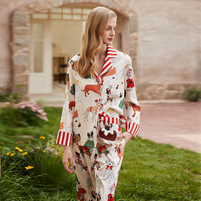 Pajamas Female Spring And Summer Long-sleeved Lapel Silk Cartoon